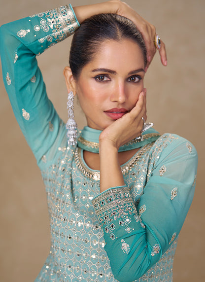 Sky Blue Georgette Embroidery Work Party Wear Readymade Plazzo Suit SW964680