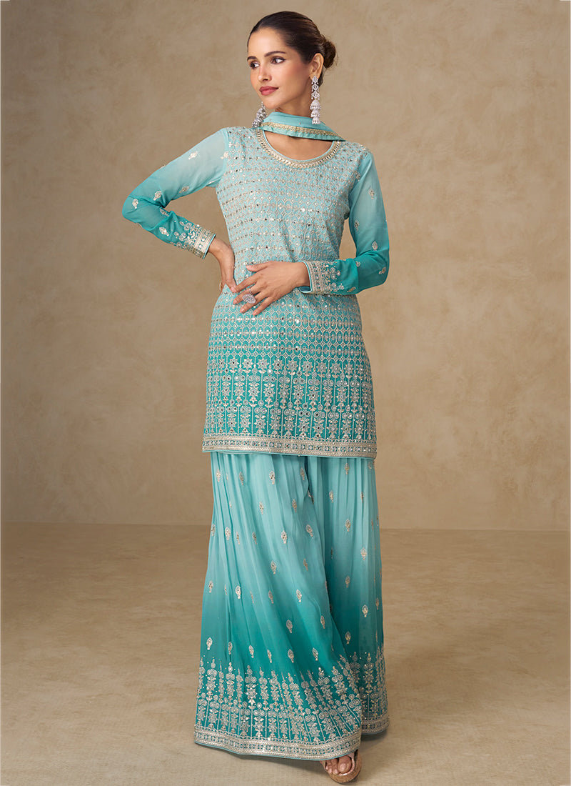 Sky Blue Georgette Embroidery Work Party Wear Readymade Plazzo Suit SW964680