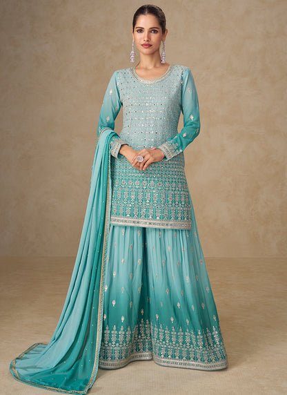 Sky Blue Georgette Embroidery Work Party Wear Readymade Plazzo Suit SW964680