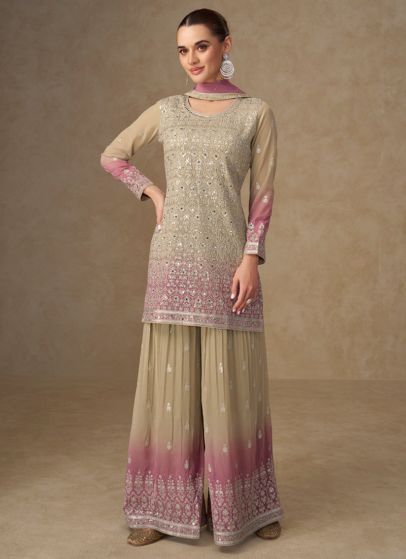 Beige Georgette Embroidery Work Party Wear Readymade Plazzo Suit SW487049