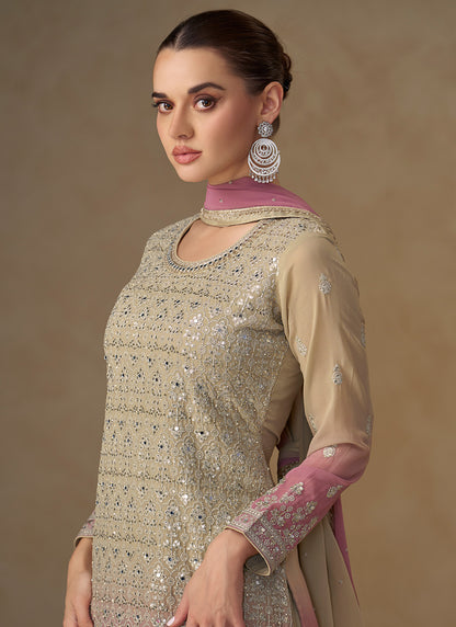 Beige Georgette Embroidery Work Party Wear Readymade Plazzo Suit SW487049