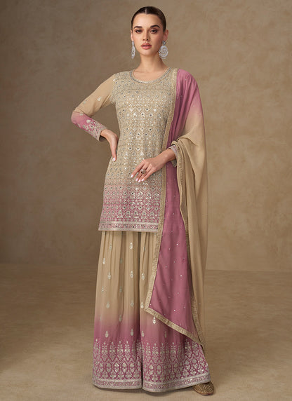 Beige Georgette Embroidery Work Party Wear Readymade Plazzo Suit SW487049