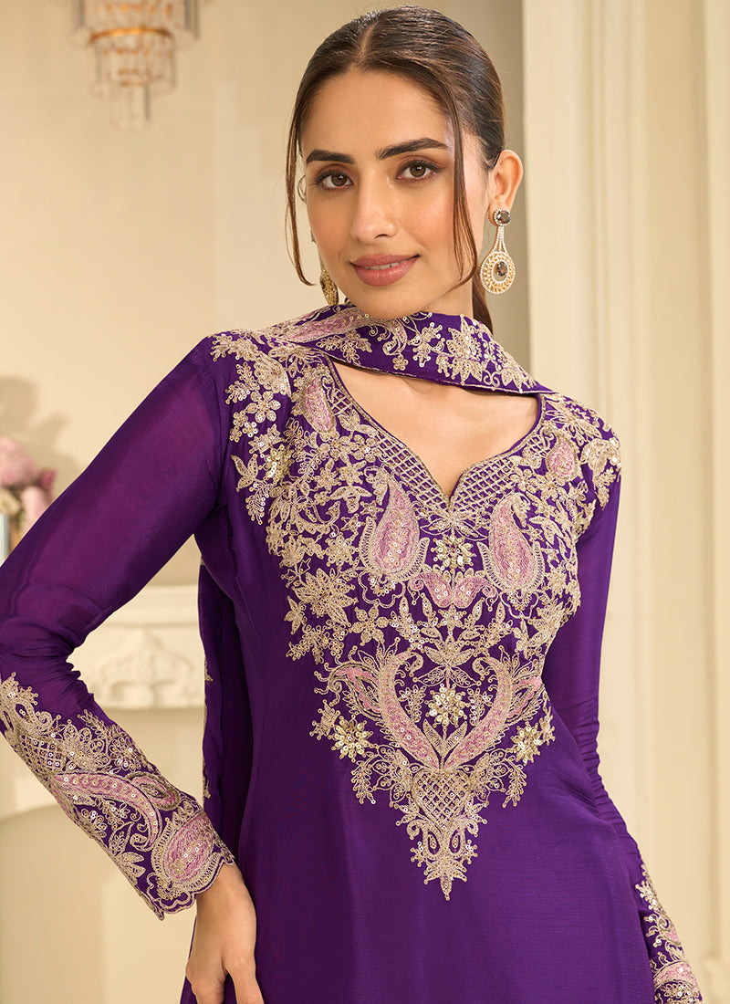 Dark Purple  Chinon Silk Embroidery Work Occasional Wear Readymade Palazzo Suit SW404629