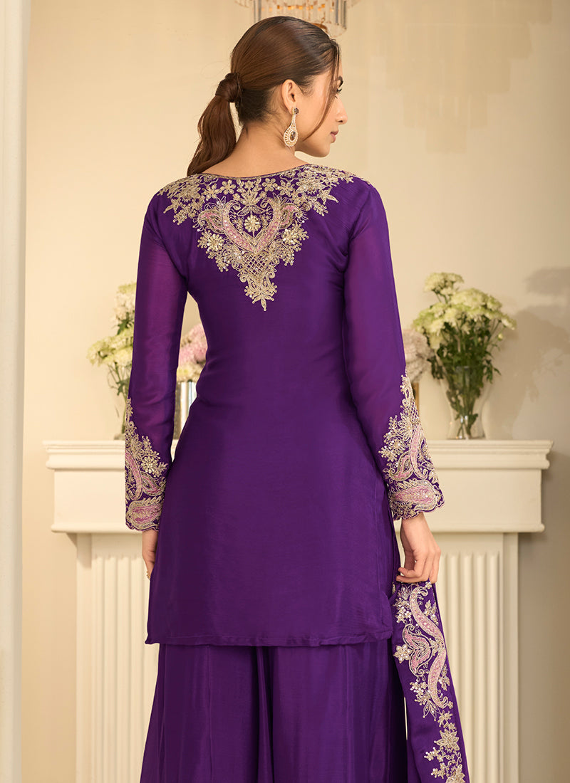 Dark Purple  Chinon Silk Embroidery Work Occasional Wear Readymade Palazzo Suit SW404629