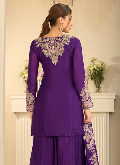 Dark Purple  Chinon Silk Embroidery Work Occasional Wear Readymade Palazzo Suit SW404629