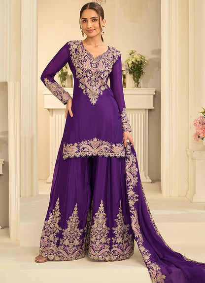 Dark Purple  Chinon Silk Embroidery Work Occasional Wear Readymade Palazzo Suit SW404629