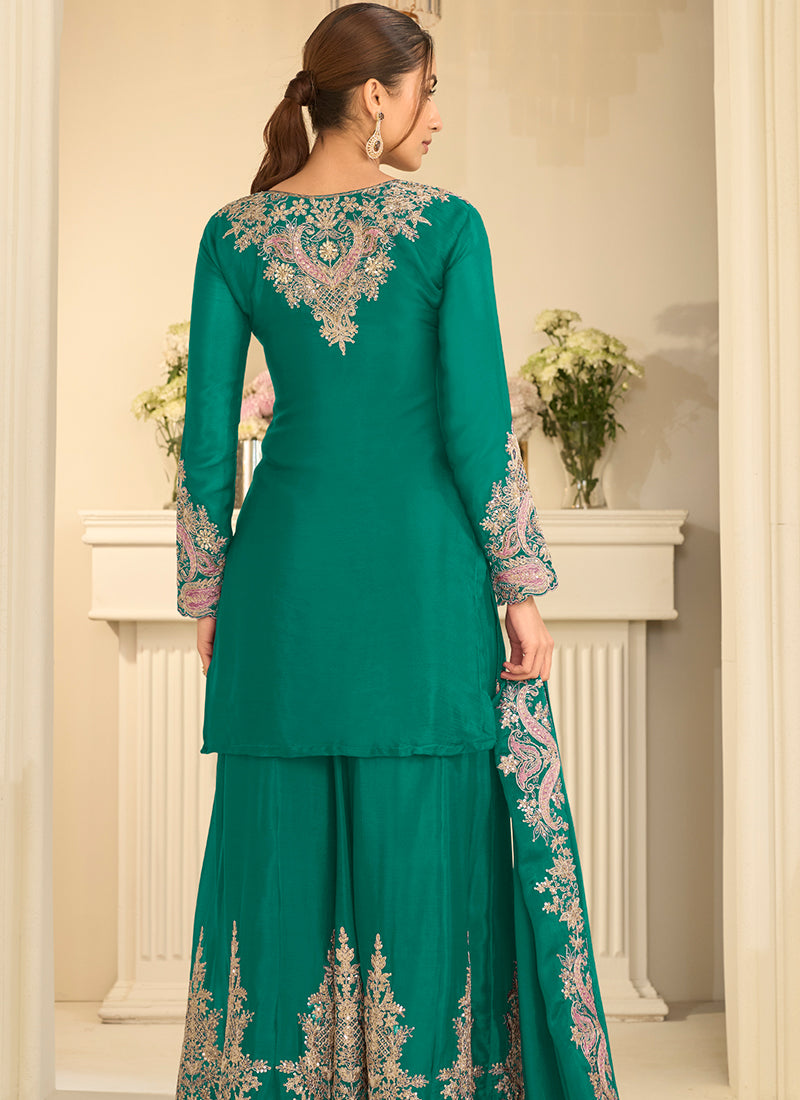 Turquise Chinon Silk Embroidery Work Occasional Wear Readymade Palazzo Suit SW404630