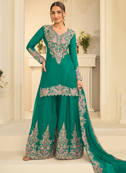Turquise Chinon Silk Embroidery Work Occasional Wear Readymade Palazzo Suit SW404630