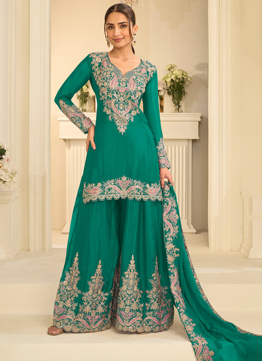 Turquise Chinon Silk Embroidery Work Occasional Wear Readymade Palazzo Suit SW404630