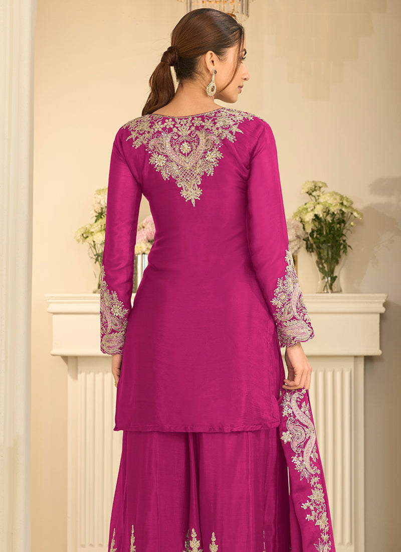Rani Pink Chinon Silk Embroidery Work Occasional Wear Readymade Palazzo Suit SW404631