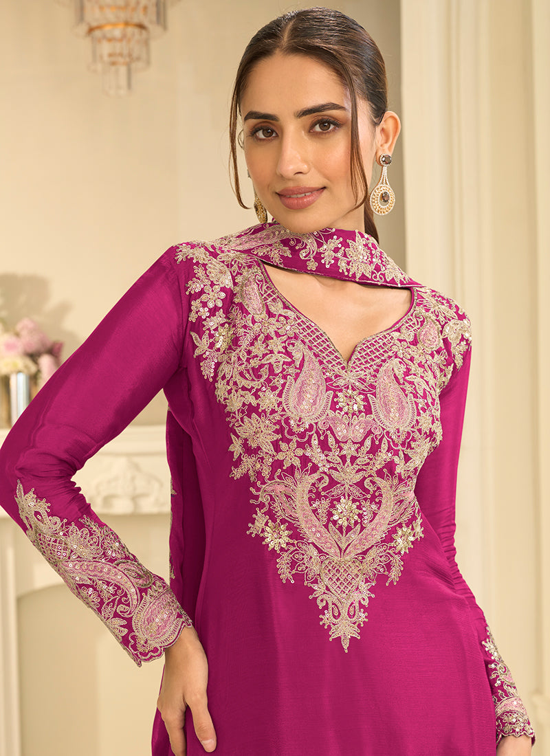 Rani Pink Chinon Silk Embroidery Work Occasional Wear Readymade Palazzo Suit SW404631