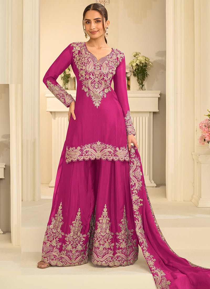 Rani Pink Chinon Silk Embroidery Work Occasional Wear Readymade Palazzo Suit SW404631