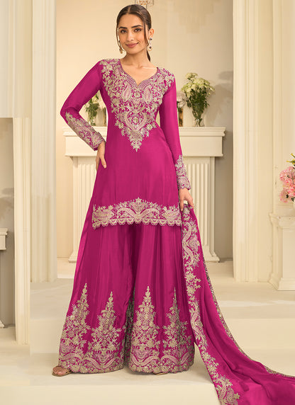Rani Pink Chinon Silk Embroidery Work Occasional Wear Readymade Palazzo Suit SW404631