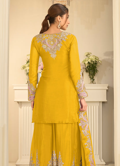 Yellow Chinon Silk Embroidery Work Occasional Wear Readymade Palazzo Suit SW404632