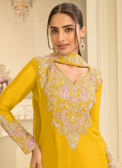 Yellow Chinon Silk Embroidery Work Occasional Wear Readymade Palazzo Suit SW404632