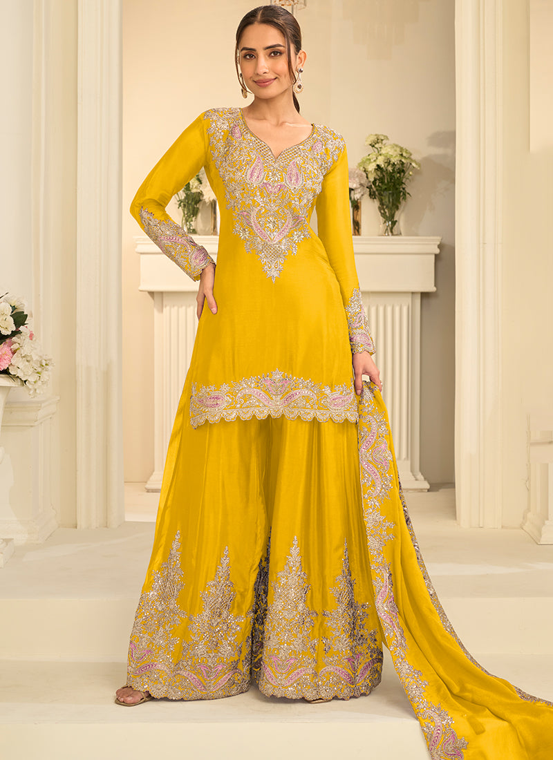 Yellow Chinon Silk Embroidery Work Occasional Wear Readymade Palazzo Suit SW404632