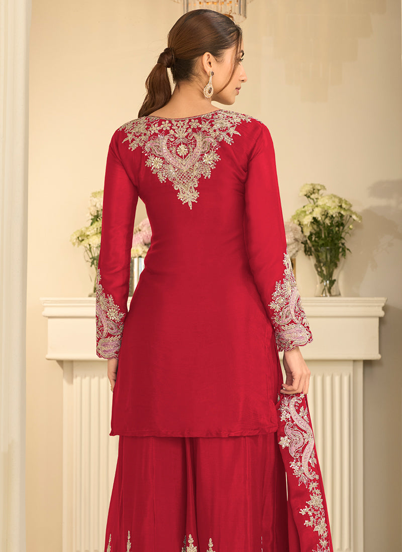 Red Chinon Silk Embroidery Work Occasional Wear Readymade Palazzo Suit SW404633