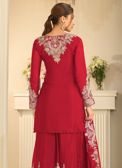 Red Chinon Silk Embroidery Work Occasional Wear Readymade Palazzo Suit SW404633