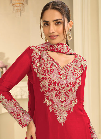 Red Chinon Silk Embroidery Work Occasional Wear Readymade Palazzo Suit SW404633