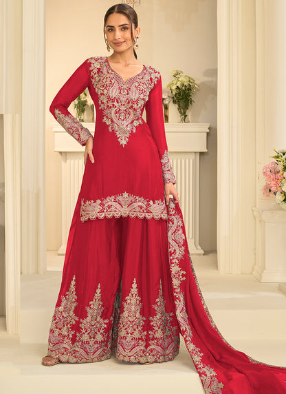 Red Chinon Silk Embroidery Work Occasional Wear Readymade Palazzo Suit SW404633