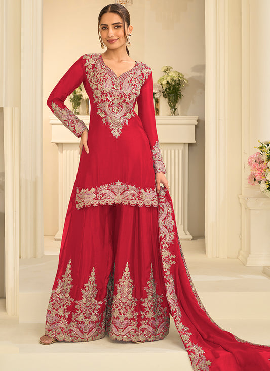 Red Chinon Silk Embroidery Work Occasional Wear Readymade Palazzo Suit SW404633