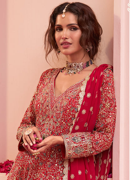 Red Georgette Embroidery Work Festival Wear Readymade Kurta Palazzo Dupatta Set SW404848