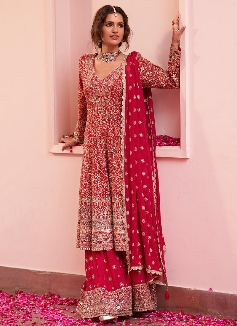 Red Georgette Embroidery Work Festival Wear Readymade Kurta Palazzo Dupatta Set SW404848