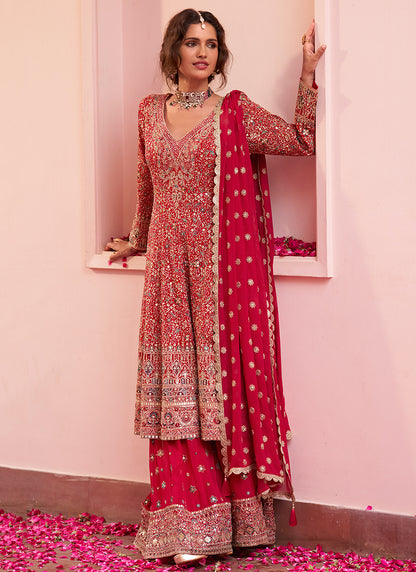 Red Georgette Embroidery Work Festival Wear Readymade Kurta Palazzo Dupatta Set SW404848