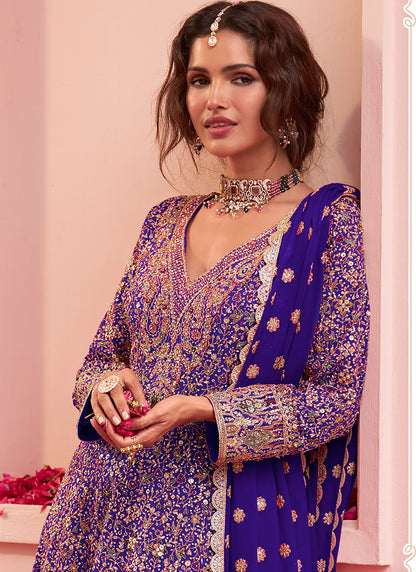 Blue Georgette Embroidery Work Festival Wear Readymade Kurta Palazzo Dupatta Set SW404849
