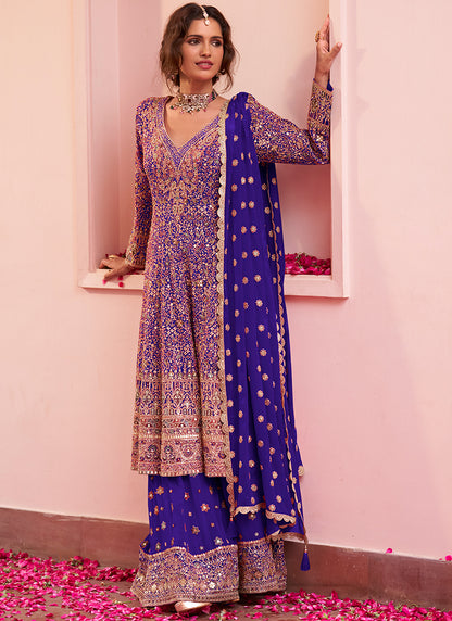Blue Georgette Embroidery Work Festival Wear Readymade Kurta Palazzo Dupatta Set SW404849