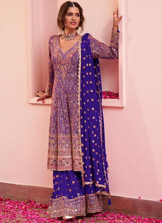 Blue Georgette Embroidery Work Festival Wear Readymade Kurta Palazzo Dupatta Set SW404849