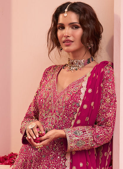 Rani Pink Georgette Embroidery Work Festival Wear Readymade Kurta Palazzo Dupatta Set SW404850