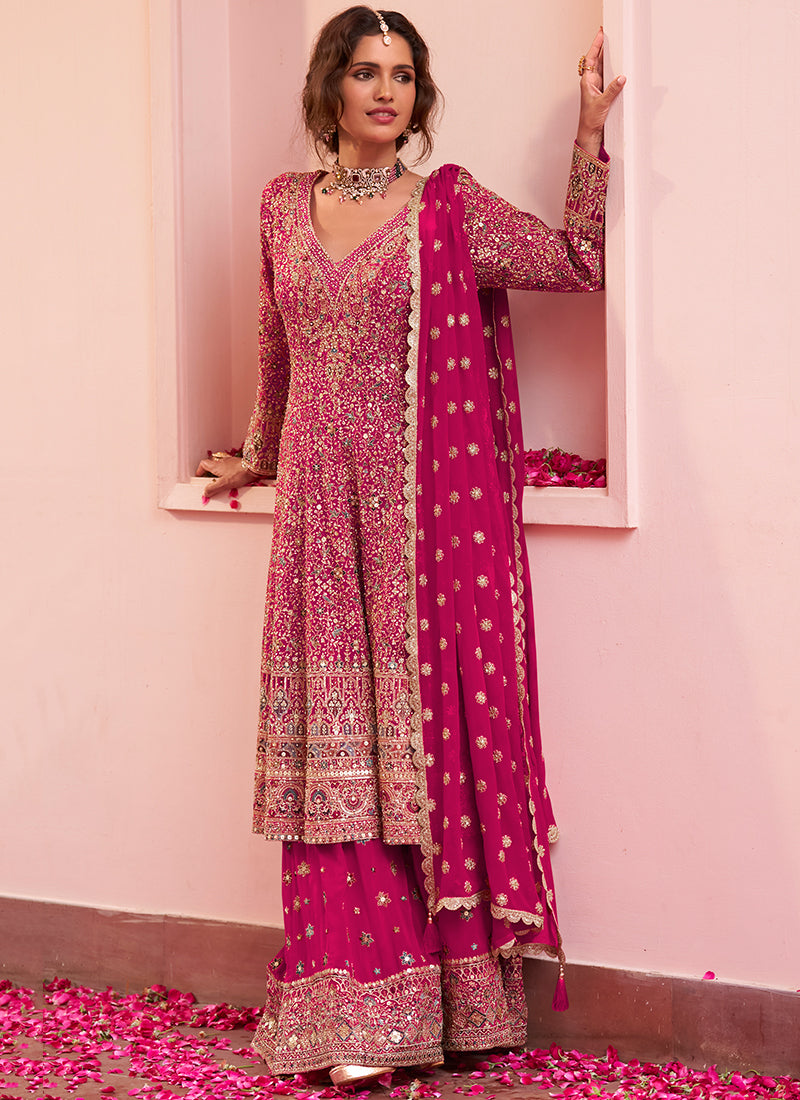 Rani Pink Georgette Embroidery Work Festival Wear Readymade Kurta Palazzo Dupatta Set SW404850