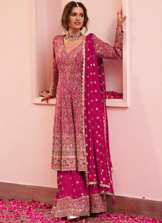 Rani Pink Georgette Embroidery Work Festival Wear Readymade Kurta Palazzo Dupatta Set SW404850