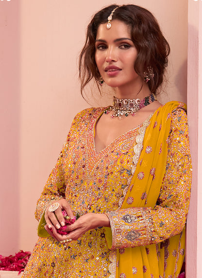 Yellow Georgette Embroidery Work Festival Wear Readymade Kurta Palazzo Dupatta Set SW404851