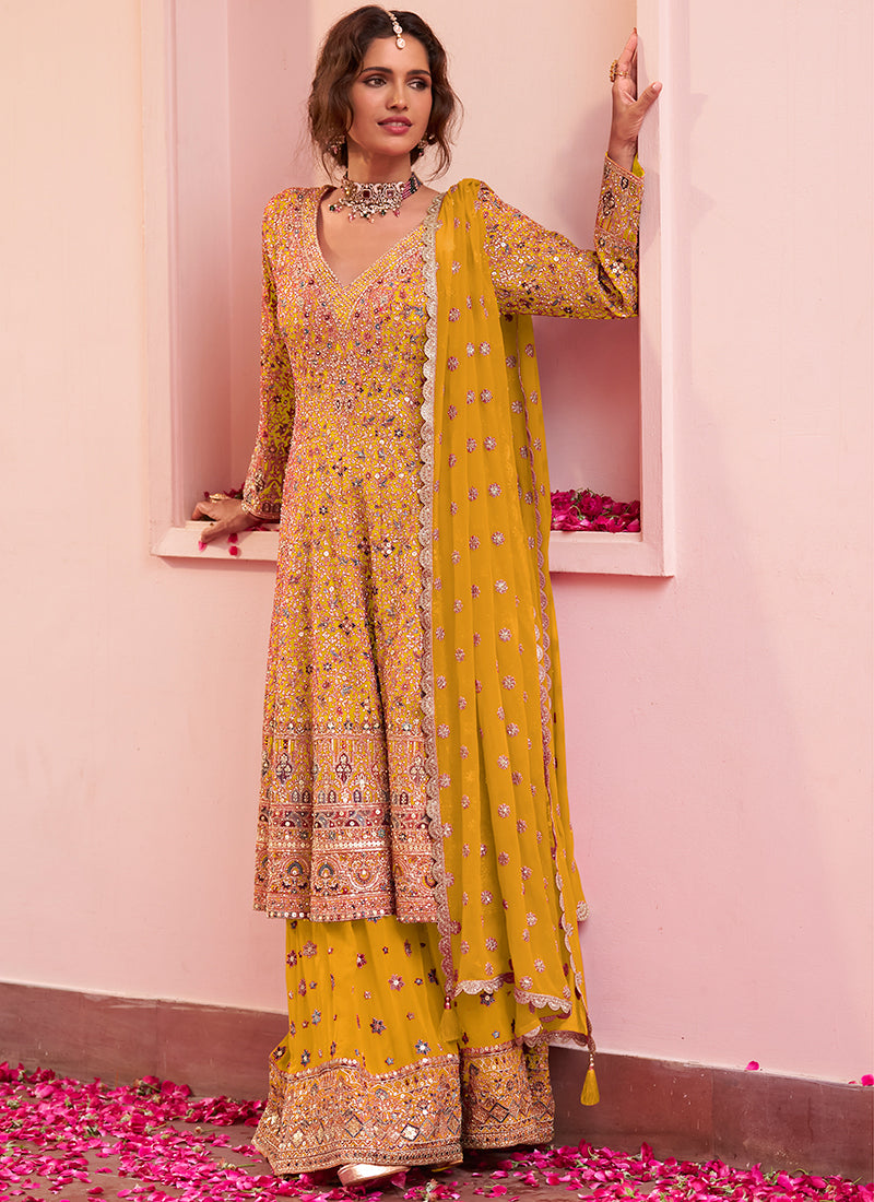 Yellow Georgette Embroidery Work Festival Wear Readymade Kurta Palazzo Dupatta Set SW404851
