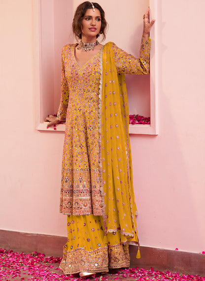 Yellow Georgette Embroidery Work Festival Wear Readymade Kurta Palazzo Dupatta Set SW404851