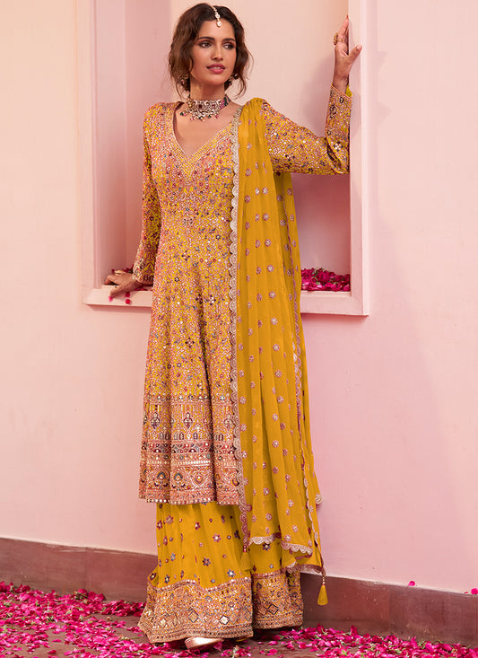 Yellow Georgette Embroidery Work Festival Wear Readymade Kurta Palazzo Dupatta Set SW404851