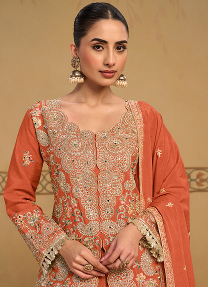 Orange Chinon Embroidery Work Occasional Wear Readymade Plazzo Suit SW405982