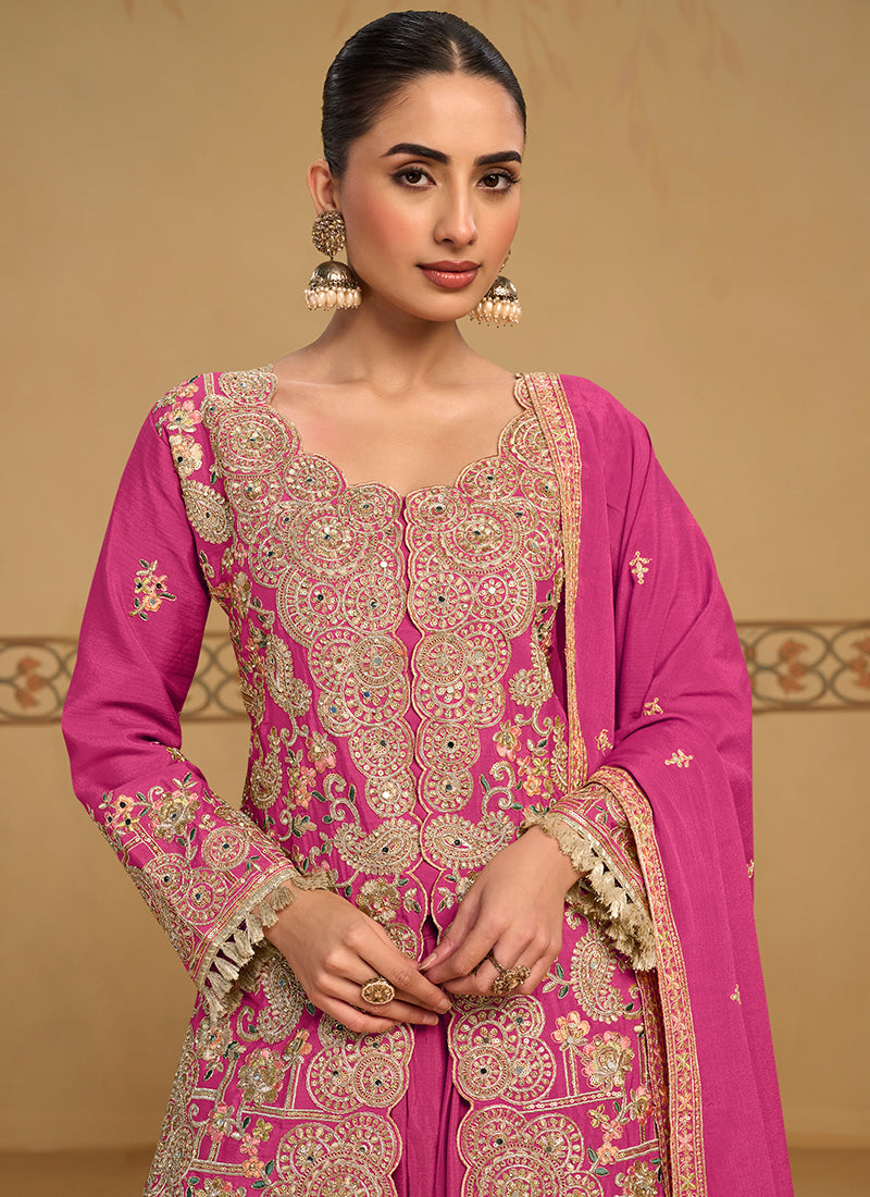 Pink Chinon Embroidery Work Occasional Wear Readymade Plazzo Suit SW405980