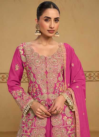 Pink Chinon Embroidery Work Occasional Wear Readymade Plazzo Suit SW405980