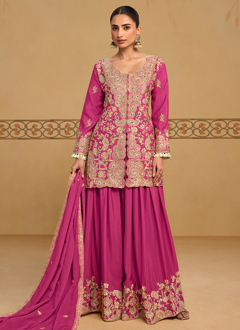 Pink Chinon Embroidery Work Occasional Wear Readymade Plazzo Suit SW405980