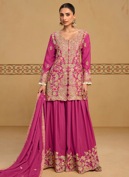 Pink Chinon Embroidery Work Occasional Wear Readymade Plazzo Suit SW405980