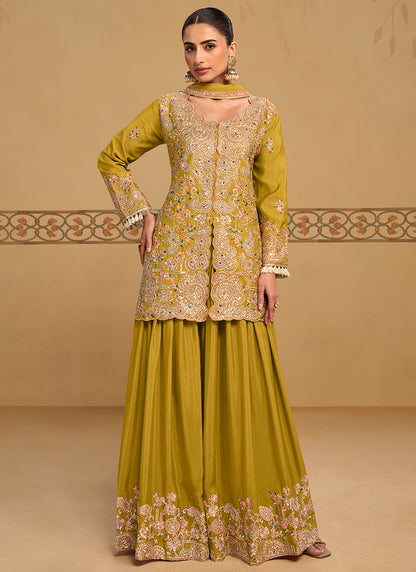 Lime Yellow Chinon Embroidery Work Occasional Wear Readymade Plazzo Suit SW405981