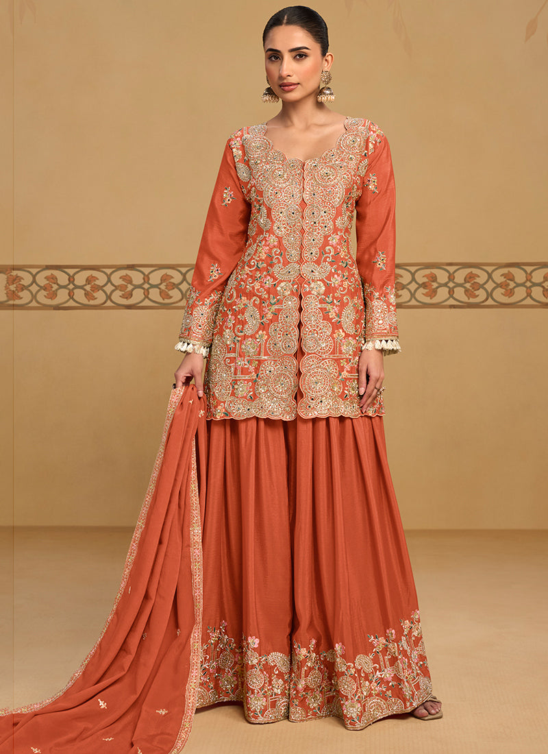 Orange Chinon Embroidery Work Occasional Wear Readymade Plazzo Suit SW405982