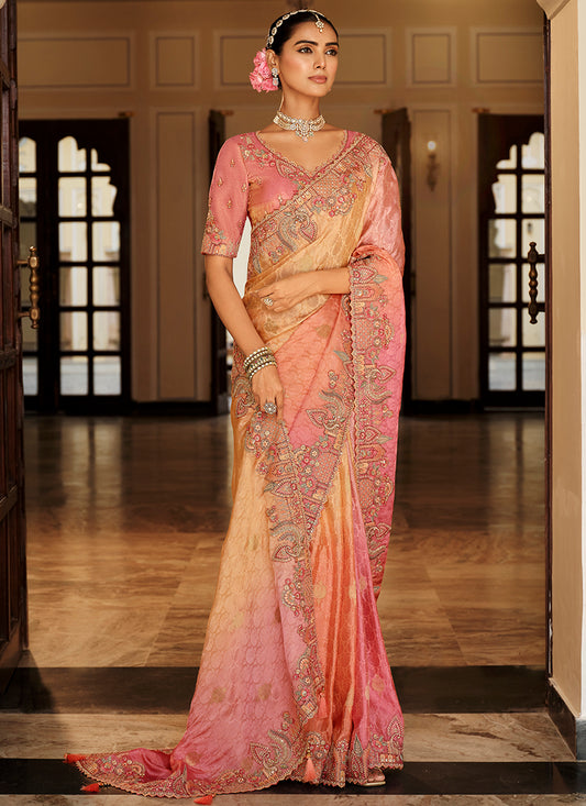 Viscose Jacquard Silk Peach Bridal Saree with Heavy Embroidery Work for Bridal Wear 384769