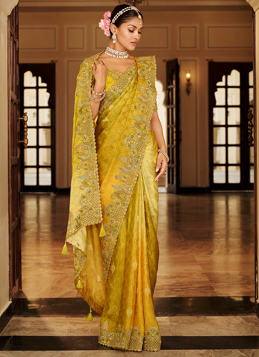 Viscose Jacquard Silk Mustard Yellow Bridal Saree with Heavy Embroidery Work for Bridal Wear 384770