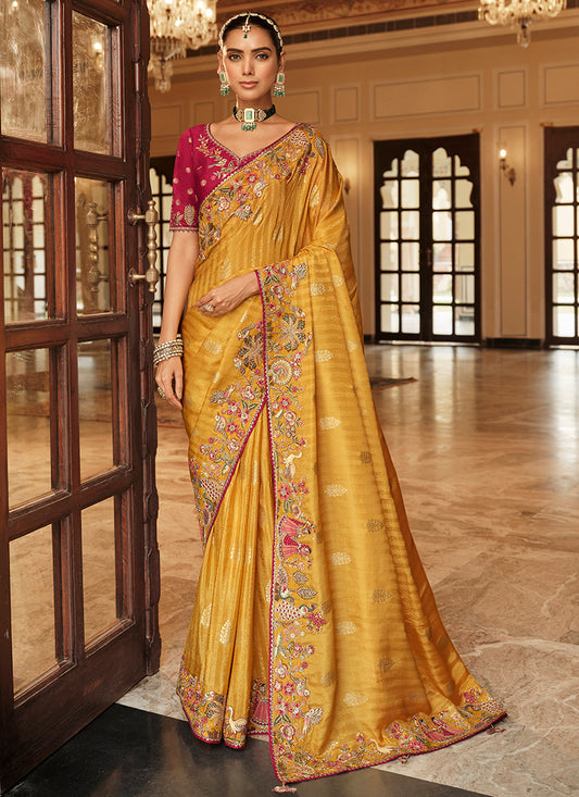 Viscose Jacquard Silk Golden Mustard Bridal Saree with Heavy Embroidery Work for Bridal Wear 384771
