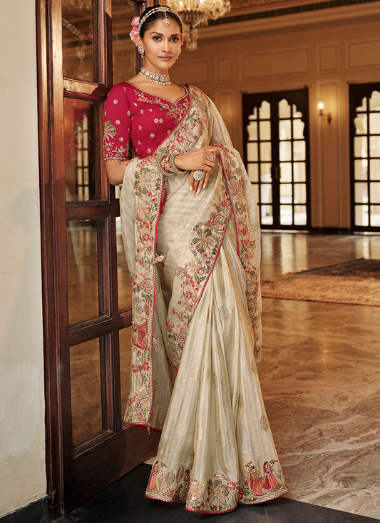Viscose Jacquard Silk Off White Bridal Saree with Heavy Embroidery Work for Bridal Wear 384772