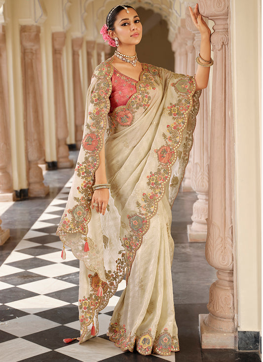 Viscose Jacquard Silk Off White Bridal Saree with Heavy Embroidery Work for Bridal Wear 384775
